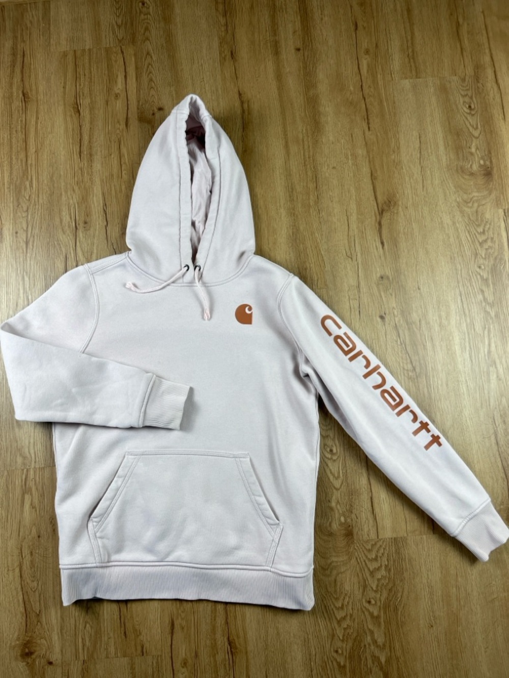 Carhartt Women’s Logo Sleeve Hoodie Pink Fleece Pullover Size M Relaxed Fit